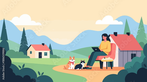 Person working on laptop outdoors with two pets near houses