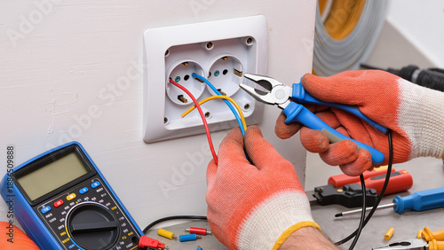 electrician installing electrical outlet, Expert performs maintenance work, Specialist handles electrical parts, Work area stays organized, Using hand tools, Gloves protect hands, Safety is first