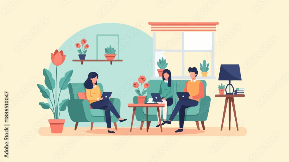 Naklejka premium People working on laptops in a cozy, plant-filled room