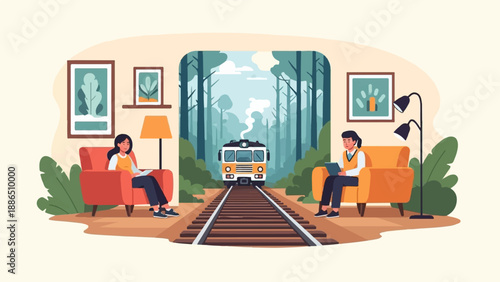 People reading in comfy chairs on either side of train tracks leading to forest
