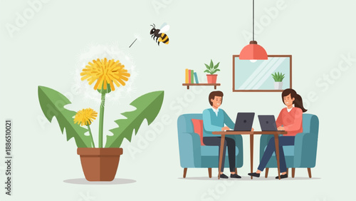 People working on laptops next to a dandelion with a bee