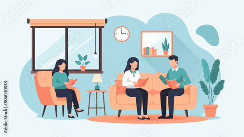 People reading books on a sofa and armchair indoors