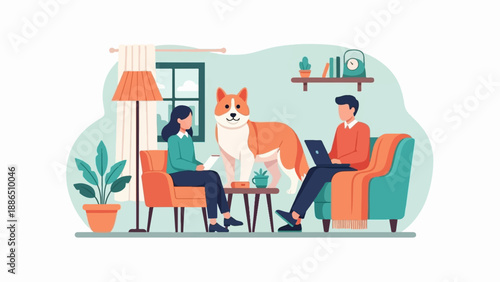 People relaxing at home with a dog, one on laptop, one reading