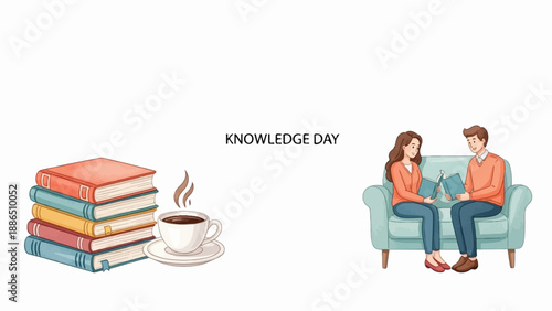 People reading books on a couch and a stack of books with a coffee cup