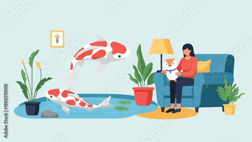 Person holding pet on couch with koi pond and plants in background