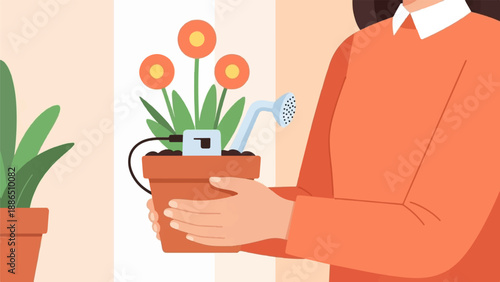 Person holding potted plant with watering device and sensor