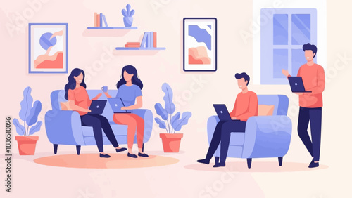 People working on laptops in a cozy living room with plants and art