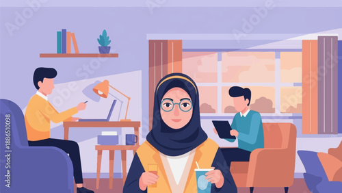 People working and relaxing indoors with a sunset view through the window