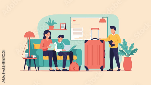 People preparing for a trip, with luggage and laptops in a room