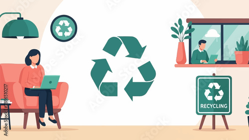People working and relaxing near recycling symbols
