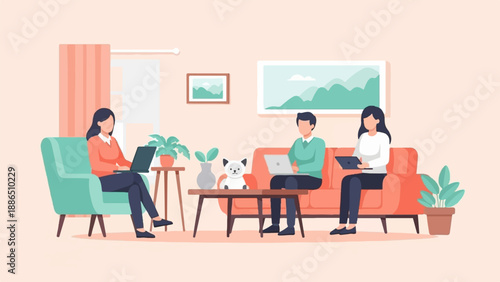 People working on laptops in a cozy living room with a small dog