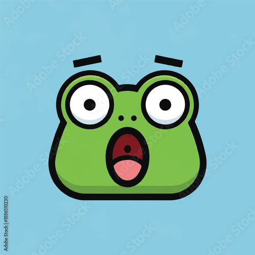 A cartoon frog with a shocked expression on a light blue background viewed from the front.