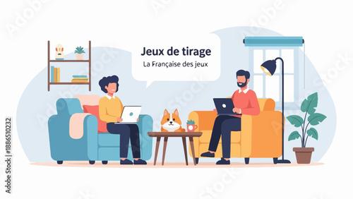 People working on laptops in a cozy living room with a dog (1)