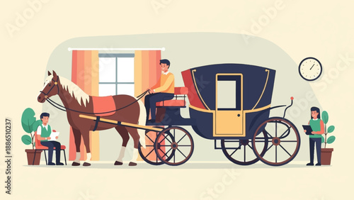 People prepare a horse-drawn carriage for transport