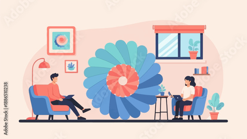 People working on laptops in a cozy living room with a colorful flower