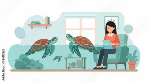 Person in armchair interacts with turtles in a surreal, water-filled room