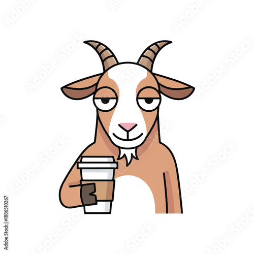 Cartoon goat holding coffee cup, relaxed expression, humorous illustration, front view, studio setting