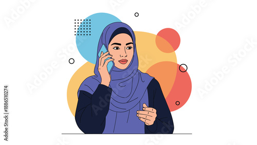 Muslim woman wearing a purple hijab talks on her smartphone, depicted in a modern flat illustration style with abstract colorful circles.