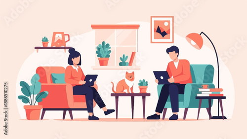 People working on laptops in a cozy living room with a cat and plants