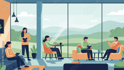 People relaxing and reading books in a bright, modern room with a scenic view