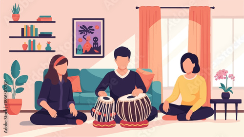 People practice music in a cozy living room