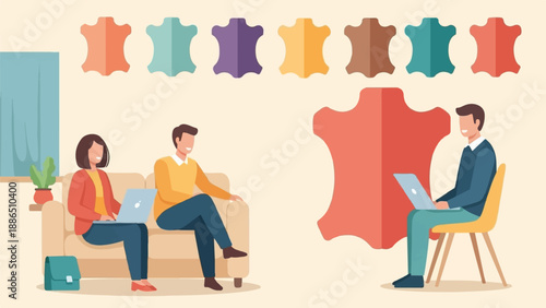 People working on laptops in a colorful room with leather samples