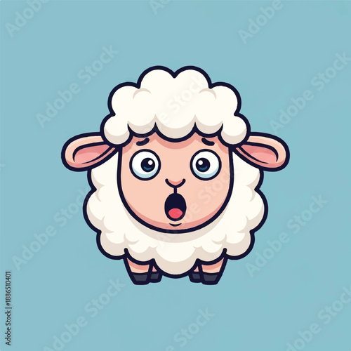 A cartoon sheep with a shocked expression standing on a blue background viewed from the front