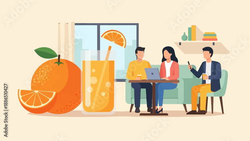 People working and relaxing with fresh orange juice and books