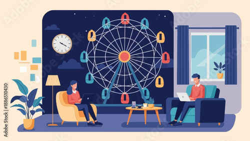 People working on laptops indoors with a Ferris wheel visible at night