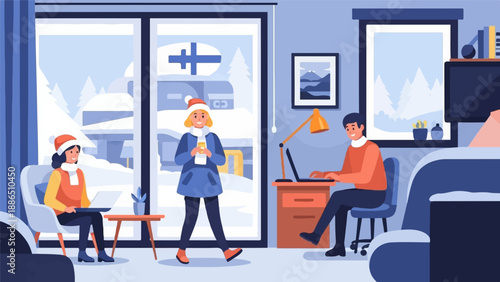 People working on laptops indoors on a snowy winter day