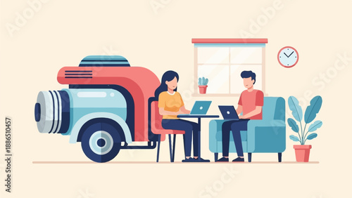 People working on laptops indoors near a whimsical vehicle