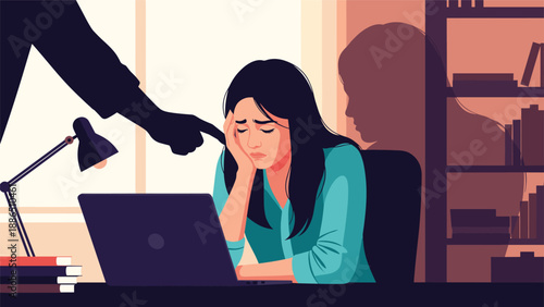 Stressed female employee is verbally abused by her boss, illustrating workplace harassment, bullying, and a toxic work environment.