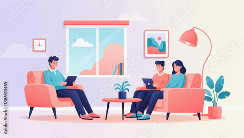 People relax on couches in a room, using tablets, near a window