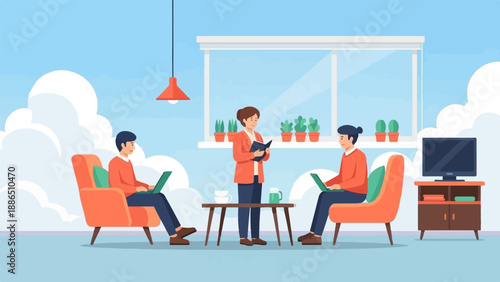 People working on laptops in a bright room with a large window