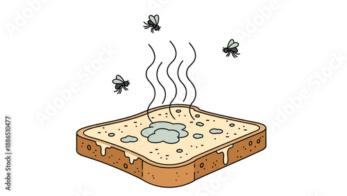 Cartoon illustration of a slice of bread with green mold and flies buzzing around it, symbolizing spoiled, rotten, and expired food.