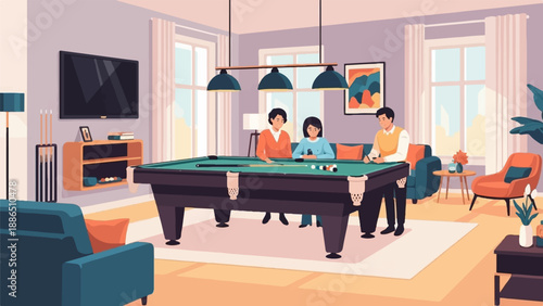 People playing pool in a living room with a TV and comfy furniture