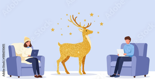 People working on laptops in comfortable chairs with a sparkling reindeer