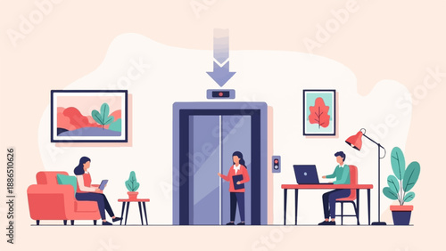 People working and waiting in a modern office with an elevator