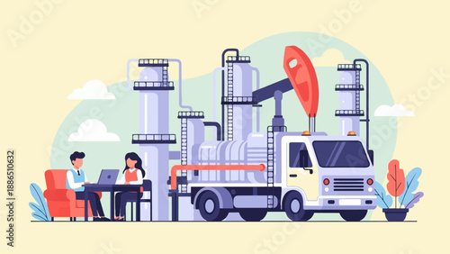 People working at an industrial oil extraction site with a truck
