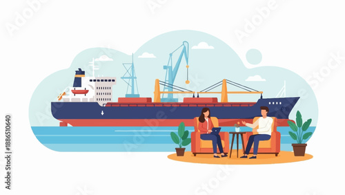 People relax near a cargo ship in port with cranes visible