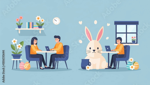 People working on laptops beside a rabbit and Easter eggs