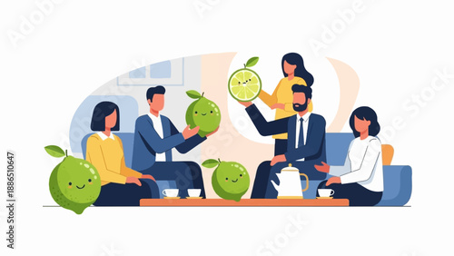 People with smiling limes at a tea break
