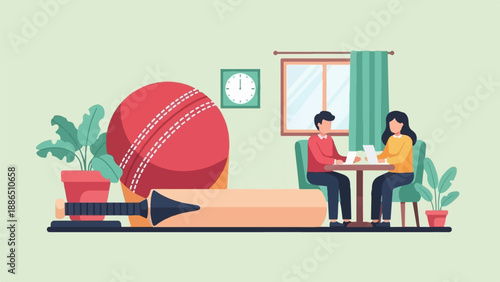 People working at table with cricket equipment and plants indoors