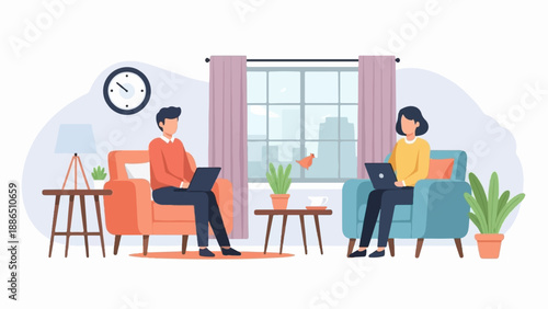 People working on laptops in comfortable armchairs near a window