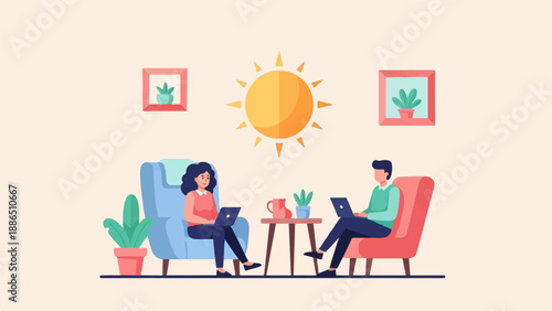 People working on laptops in comfortable chairs with sun and plants indoors