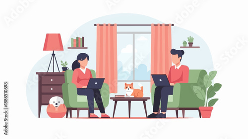 People working on laptops at home with pets