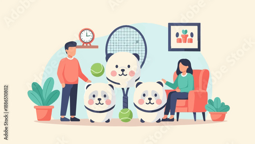 People, pandas, and tennis equipment in a stylized indoor scene
