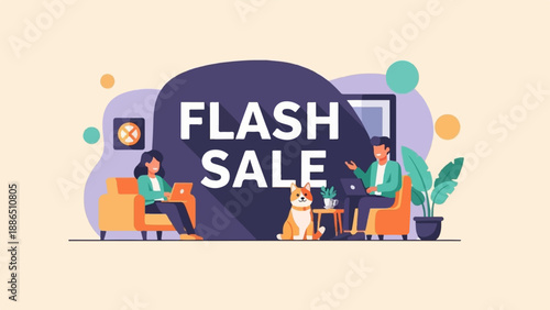 People work on laptops, a dog sits nearby, with "Flash Sale" text