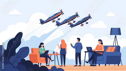 People working indoors as planes fly overhead