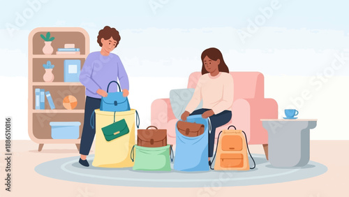 People packing bags near shelf and chair with coffee
